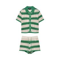 Conjunto De Verão Feminino Em Tricô Com Camisa Listrada E Shorts, Terno De Praia De Manga Curta Com