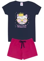 Conjunto de Verão Infantil Feminino Blusa Azul Escuro e Shorts Rosa Gato com Coroa - KK Kids