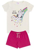 Conjunto de Verão Infantil Feminino Blusa Bege e Shorts Rosa Gato e Arco-iris - KK Kids Conjunto de Verão Infantil Feminino Blusa Bege e Shorts Rosa Gato e Arco-iris - KK Kids