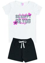 Conjunto de Verão Infantil Feminino Blusa Breanca e Shorts Preto Be Happy - KK Kids Conjunto de Verão Infantil Feminino Blusa Breanca e Shorts Preto Be Happy - KK Kids