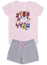 Conjunto de Verão Infantil Feminino Blusa Rosa e Shorts Unicórnio Cinza - KK Kids