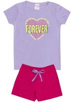 Conjunto de Verão Infantil Feminino Blusa Roxa e Shorts Forever Love Rosa - KK Kids