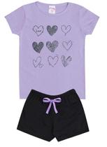 Conjunto de Verão Infantil Feminino Blusa Roxa e Shorts Preto Corações - KK Kids