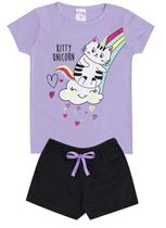 Conjunto de Verão Infantil Feminino Blusa Roxa e Shorts Preto Gatinha Unicórnio - KK Kids