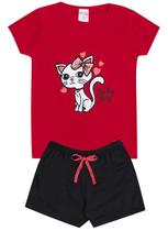 Conjunto de Verão Infantil Feminino Camiseta Vermelha e Shorts Preto Gatinha - KK Kids Conjunto de Verão Infantil Feminino Camiseta Vermelha e Shorts Preto Gatinha - KK Kids