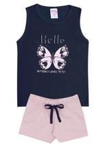 Conjunto de Verão Infantil Feminino Regata Azul Escuro e Shorts Rosa Claro Borboleta - KK Kids