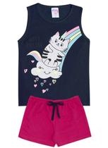 Conjunto de Verão Infantil Feminino Regata Azul Escuro e Shorts Rosa gato e Arco-iris - KK Kids