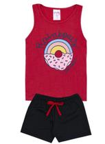 Conjunto de Verão Infantil Feminino Regata Vermelha Donuts e Shorts Preto - KK Kids Conjunto de Verão Infantil Feminino Regata Vermelha Donuts e Shorts Preto - KK Kids