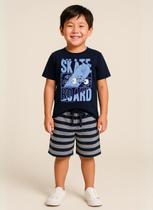 Conjunto de Verão Infantil Masculino Blusa Azul Skateboard e Shorts Listrado - KK Kids Conjunto de Verão Infantil Masculino Blusa Azul Skateboard e Shorts Listrado - KK Kids