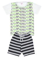 Conjunto de Verão Infantil Masculino Blusa Branca Escritas e Shorts Listrado - KK Kids Conjunto de Verão Infantil Masculino Blusa Branca Escritas e Shorts Listrado - KK Kids