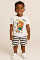 Conjunto de Verão Infantil Masculino Blusa Branca Leão e Shorts Listrado - KK Kids Conjunto de Verão Infantil Masculino Blusa Branca Leão e Shorts Listrado - KK Kids