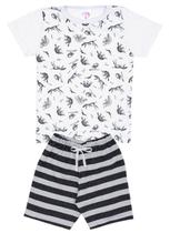 Conjunto de Verão Infantil Masculino Blusa Branca Mini Dinossauro e Shorts Listrado - KK Kids Conjunto de Verão Infantil Masculino Blusa Branca Mini Dinossauro e Shorts Listrado - KK Kids