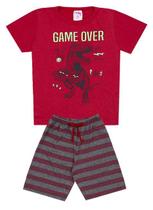 Conjunto de Verão Infantil Masculino Blusa Vermelha Game Over e Shorts Listrado - KK Kids Conjunto de Verão Infantil Masculino Blusa Vermelha Game Over e Shorts Listrado - KK Kids