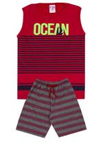 Conjunto de Verão Infantil Masculino Blusa Vermelha Ocean e Shorts Listrado - KK Kids Conjunto de Verão Infantil Masculino Blusa Vermelha Ocean e Shorts Listrado - KK Kids