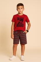 Conjunto de Verão Infantil Masculino Blusa Vermelha Skateboard e Shorts Listrado - KK Kids