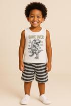 Conjunto de Verão Infantil Masculino Regata Branca T-Rex e Shorts Listrado - KK Kids Conjunto de Verão Infantil Masculino Regata Branca T-Rex e Shorts Listrado - KK Kids