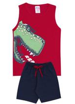 Conjunto de Verão Infantil Masculino Regata Vermelha e Shorts Azul Escuro Dinossauro - KK Kids Conjunto de Verão Infantil Masculino Regata Vermelha e Shorts Azul Escuro Dinossauro - KK Kids