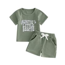 Conjunto de verão Outfit XRTBMN Aunties Little Bestie Baby Boy, 2 peças Conjunto de verão Outfit XRTBMN Aunties Little Bestie Baby Boy, 2 peças