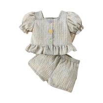 Conjunto De Verão Para Bebê Menina: Blusa De Algodão Xadrez Com Manga Bufante E Shorts Estilo