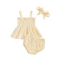 Conjunto De Verão Para Bebê Menina, Cor Sólida, Detalhe Em Babados, Sem Mangas, 3 Peças