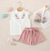 Conjunto De Verão Para Bebê Menina Em Algodão Com Bordado Floral, Sem Mangas, Camiseta E Shorts, 0-3