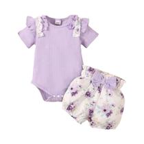 Conjunto De Verão Para Bebês Meninas De 0 a 18 Meses, 3 Peças, Macacão Roxo, Shorts, Faixa De Conjunto De Verão Para Bebês Meninas De 0 a 18 Meses, 3 Peças, Macacão Roxo, Shorts, Faixa De