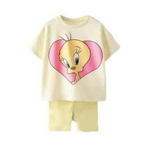 Conjunto De Verão Para Crianças Com Camiseta Estampada E Shorts De Cor Sólida Amarelo Novo Design