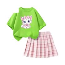 Conjunto De Verão Para Meninas: Camiseta Rosa Com Laço E Saia Xadrez, Top De Manga Curta E Saia