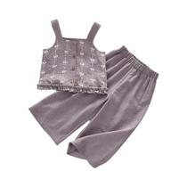 Conjunto De Verão Para Meninas Com Estampa De Laço Em Imitação De Jeans, Sem Mangas, Casual, Roupas