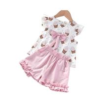 Conjunto De Verão Para Meninas Com Top De Laço De Sorvete, Calça E Urso Humorístico, Sem Mangas, 2