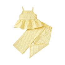 Conjunto De Verão Para Meninas, Conjunto Jacquard Com Babados Amarelos, Top Peplum, Calças De Perna Conjunto De Verão Para Meninas, Conjunto Jacquard Com Babados Amarelos, Top Peplum, Calças De Perna