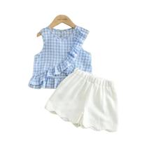 Conjunto De Verão Para Meninas De 2 a 6 Anos, Top De Renda Com Estampa Xadrez E Shorts, Moda Casual Conjunto De Verão Para Meninas De 2 a 6 Anos, Top De Renda Com Estampa Xadrez E Shorts, Moda Casual