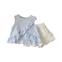 Conjunto De Verão Para Meninas De 2 a 6 Anos, Top De Renda Com Estampa Xadrez E Shorts, Moda Casual Conjunto De Verão Para Meninas De 2 a 6 Anos, Top De Renda Com Estampa Xadrez E Shorts, Moda Casual