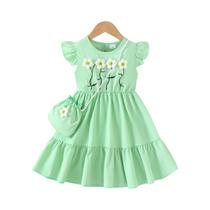 Conjunto De Verão Para Meninas Em Duas Peças, Vestido Tricotado Com Saia Plissada E Mini Bolsa,