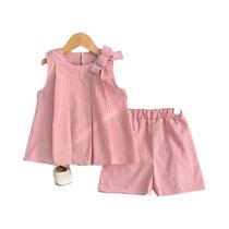 Conjunto De Verão Para Meninas Em Rosa Doce, Colete Sem Mangas Com Laço E Calças Curtas, 2 Peças,