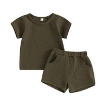 Conjunto De Verão Para Meninos 2 Peças, Camiseta Waffle E Shorts, 1-5 Anos, Roupa Casual Infantil