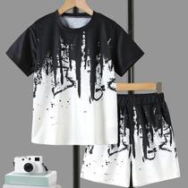 Conjunto De Verão Para Meninos, Camiseta Preta E Branca Com Bolso E Shorts Combinando, Casual Para Conjunto De Verão Para Meninos, Camiseta Preta E Branca Com Bolso E Shorts Combinando, Casual Para