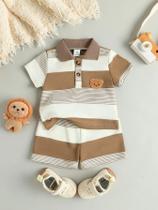 Conjunto De Verão Para Meninos Com Camiseta Listrada De Urso De Pelúcia E Shorts Casuais Esportivos