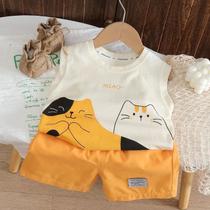 Conjunto De Verão Para Meninos Com Estampa De Gato, 2 Peças, Camiseta E Calças Curtas, Moda Infantil Conjunto De Verão Para Meninos Com Estampa De Gato, 2 Peças, Camiseta E Calças Curtas, Moda Infantil