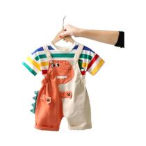 Conjunto De Verão Para Meninos Com Macacão Listrado Colorido De Algodão E Camiseta De Manga Curta, Conjunto De Verão Para Meninos Com Macacão Listrado Colorido De Algodão E Camiseta De Manga Curta,