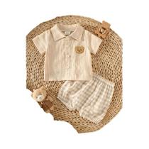 Conjunto De Verão Para Meninos Recém-Nascidos Camisa Com Botões Cor Damasco E Bordado De Urso, Conjunto De Verão Para Meninos Recém-Nascidos Camisa Com Botões Cor Damasco E Bordado De Urso,