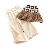 Conjunto De Verão Retro Em Xadrez Marrom Para Meninas, Top Camisole Bege E Calças, Conjunto De Duas Conjunto De Verão Retro Em Xadrez Marrom Para Meninas, Top Camisole Bege E Calças, Conjunto De Duas