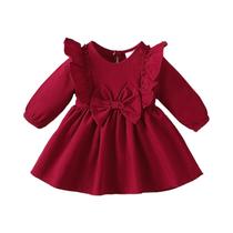 Conjunto De Vestido Com Laço E Borda Com Babados, Manga Comprida, Para Bebês De 0 a 18 Meses,