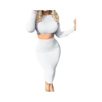 Conjunto De Vestido Com Top Cropped De Manga Longa E Saia Até O Meio Da Panturrilha Para Mulheres,