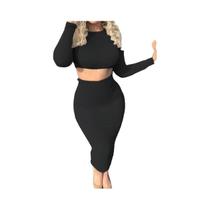 Conjunto De Vestido Com Top Cropped De Manga Longa E Saia Até O Meio Da Panturrilha Para Mulheres,
