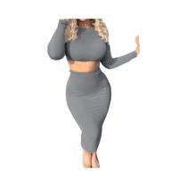 Conjunto De Vestido Com Top Cropped De Manga Longa E Saia Até O Meio Da Panturrilha Para Mulheres,