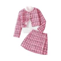 Conjunto De Vestido De Moda Para Meninas Em Xadrez Rosa Primavera Outono, Top, Saia E Camisa De
