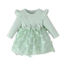 Conjunto De Vestido De Outono Para Menina 2 Peças Com Laço Vestido De Princesa Com Mangas Voando 0-3