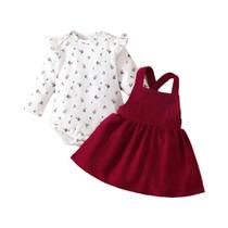 Conjunto De Vestido De Princesa Para Bebê Menina Com Mangas Longas, Macacão E Saia Vermelha, 2