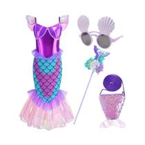 Conjunto De Vestido De Sereia Ariel Roxo Para Meninas, Fantasia De Halloween Para 3-10 Anos, Vestido